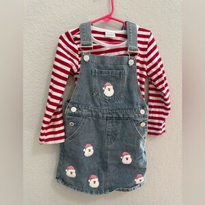Girls Christmas Overall Dress with Red and White Striped Shirt Size 4T Santa